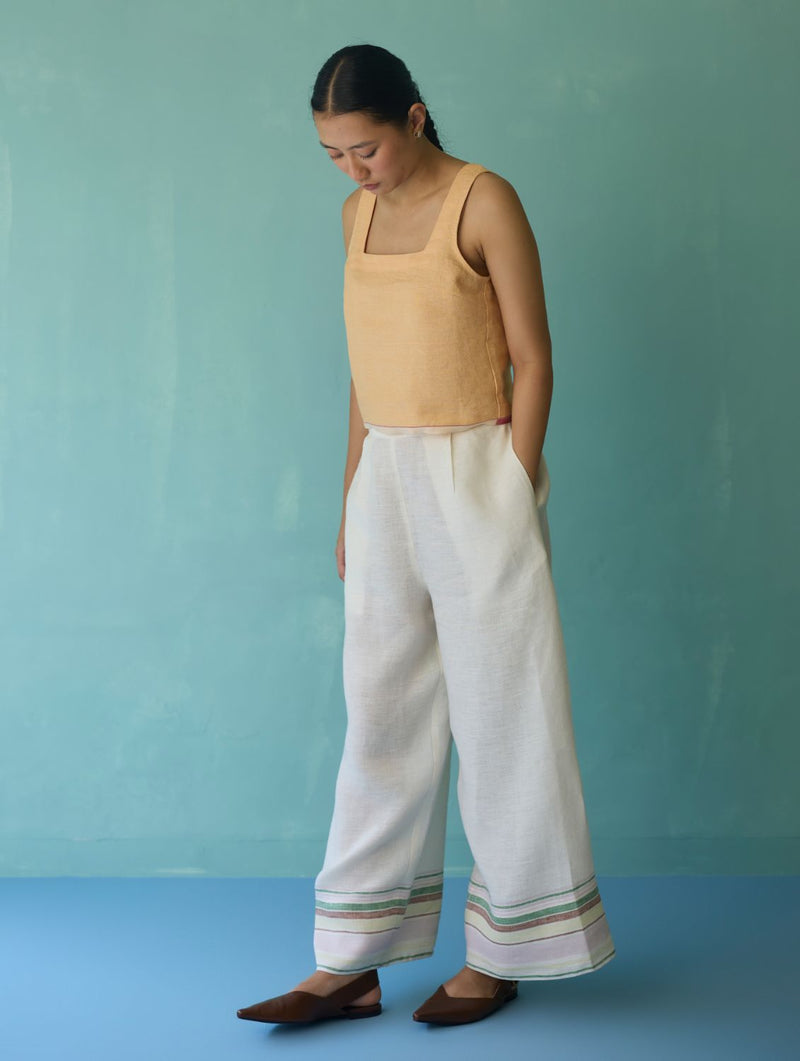 Alina Border Linen Pants - Ivory linen pant/trouser by Manan in ivory for women in Singapore