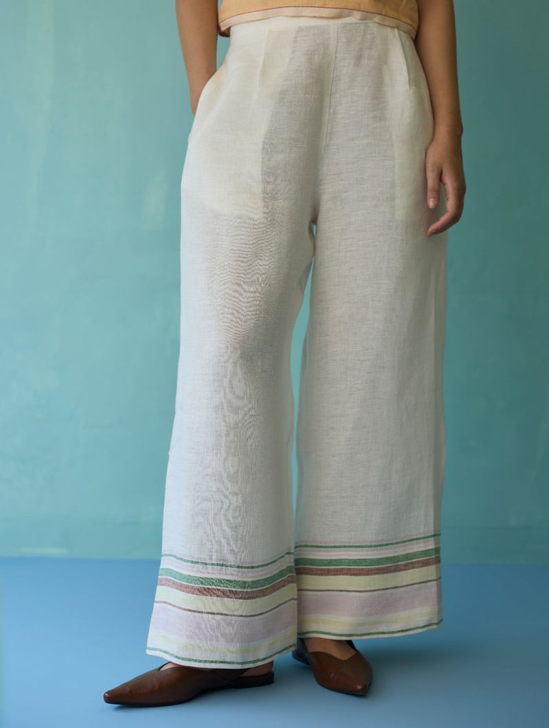 Alina Border Linen Pants - Ivory linen pant/trouser by Manan in ivory for women in Singapore