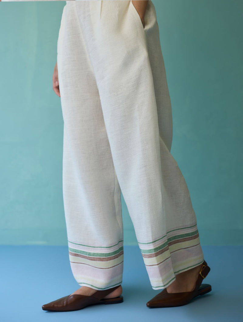 Alina Border Linen Pants - Ivory linen pant/trouser by Manan in ivory for women in Singapore