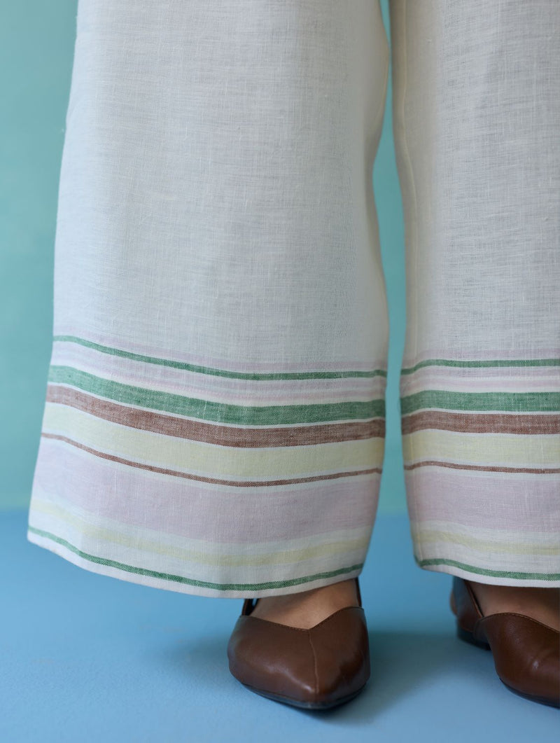 Alina Border Linen Pants - Ivory linen pant/trouser by Manan in ivory for women in Singapore