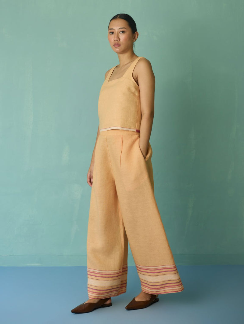 Alina Border Linen Pants - Apricot linen pant/trouser by Manan in apricot for women in Singapore