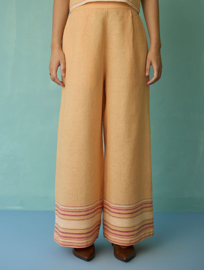 Alina Border Linen Pants - Apricot linen pant/trouser by Manan in apricot for women in Singapore
