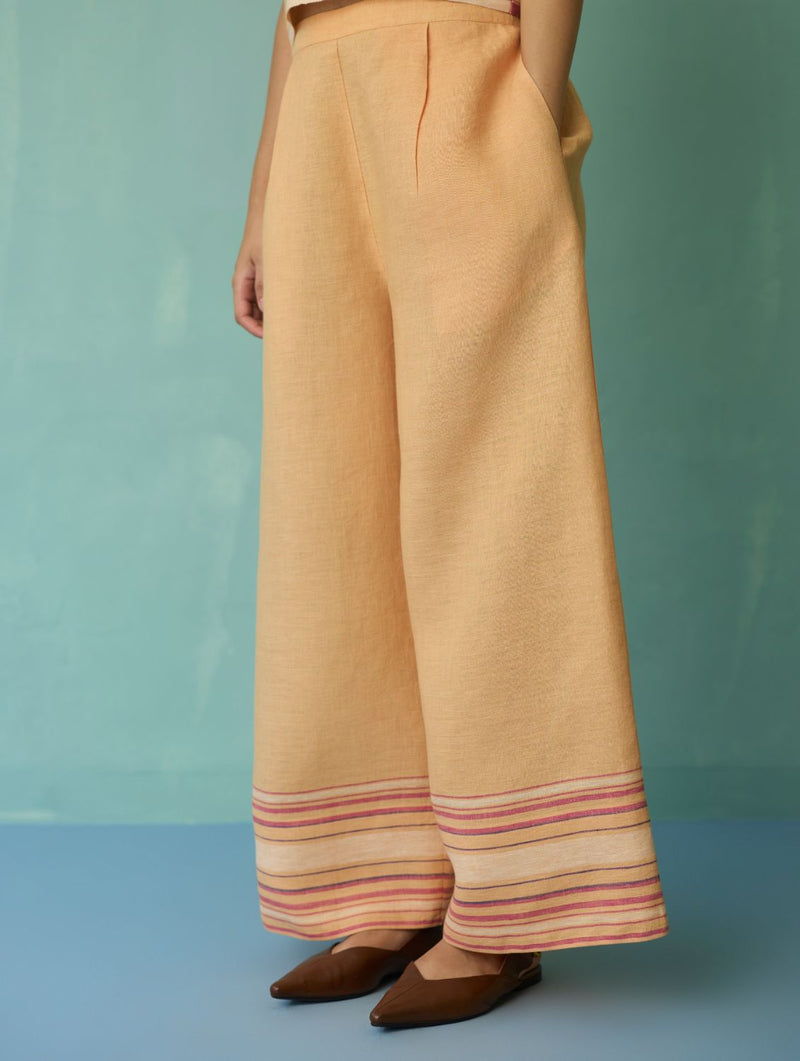 Alina Border Linen Pants - Apricot linen pant/trouser by Manan in apricot for women in Singapore