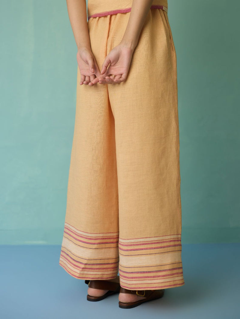 Alina Border Linen Pants - Apricot linen pant/trouser by Manan in apricot for women in Singapore