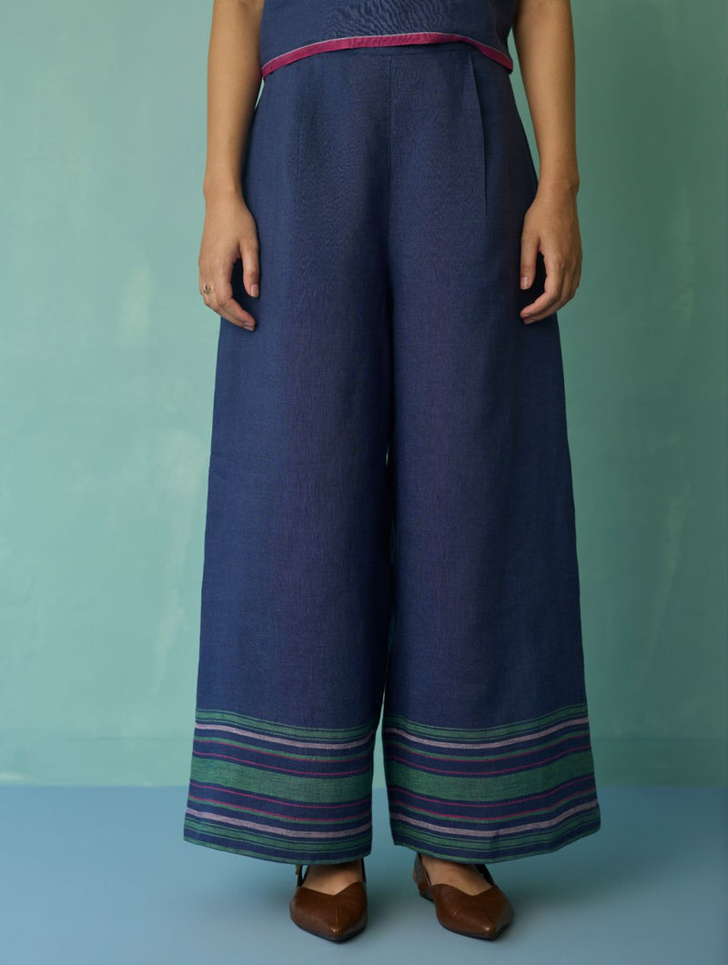 Alina Border Linen Pants - Indigo linen pant/trouser by Manan in navy for women in Singapore