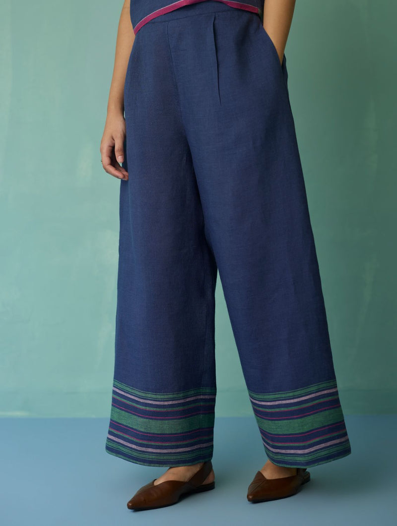 Alina Border Linen Pants - Indigo linen pant/trouser by Manan in navy for women in Singapore