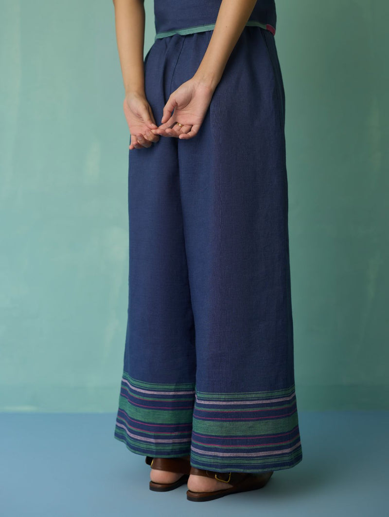 Alina Border Linen Pants - Indigo linen pant/trouser by Manan in navy for women in Singapore