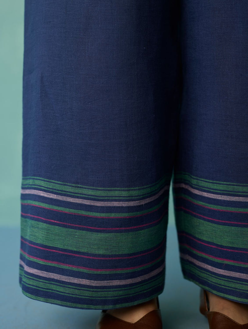 Alina Border Linen Pants - Indigo linen pant/trouser by Manan in navy for women in Singapore