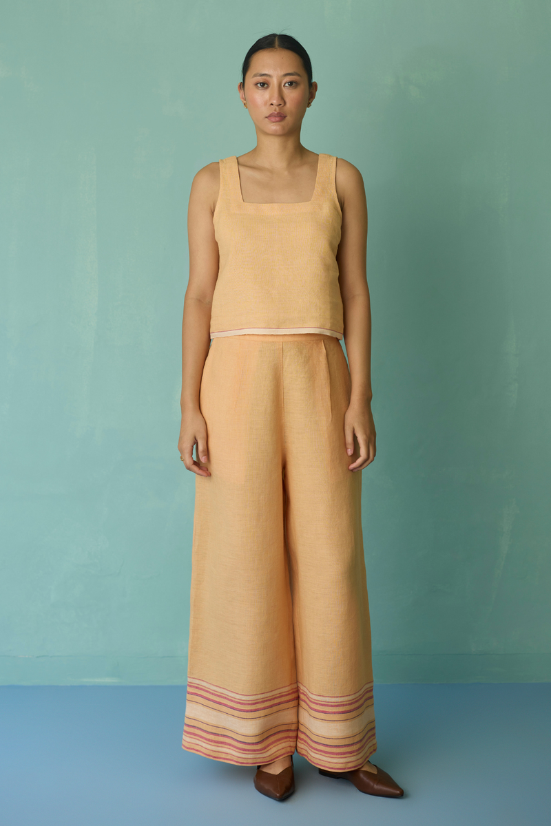 Alina Border Linen Pants - Apricot linen pant/trouser by Manan in apricot for women in Singapore