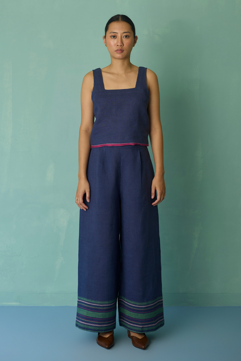 Alina Border Linen Pants - Indigo linen pant/trouser by Manan in navy for women in Singapore