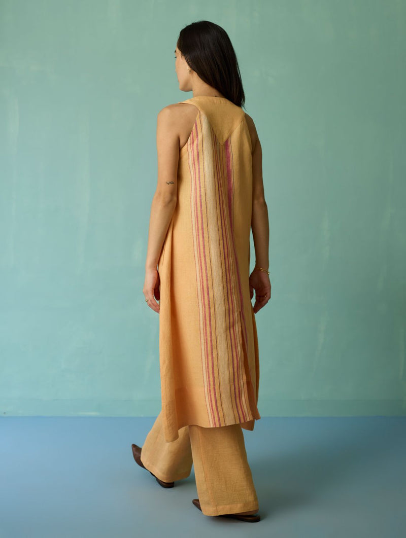 Vanya Border Linen Sleeveless Kurta - Apricot linen light kurta set by Manan in apricot for women in Singapore