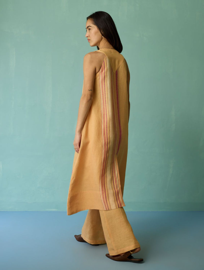Vanya Border Linen Sleeveless Kurta Set - Apricot linen light kurta set by Manan in apricot for women in Singapore