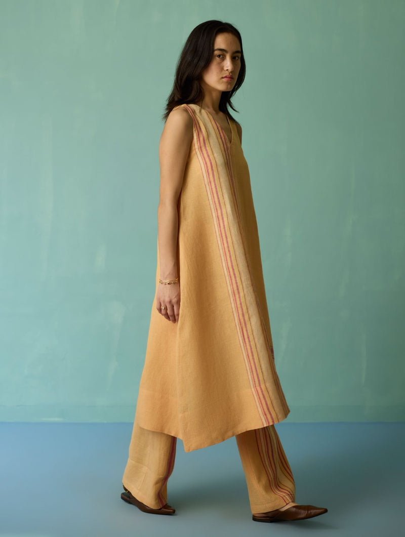 Vanya Border Linen Sleeveless Kurta - Apricot linen light kurta set by Manan in apricot for women in Singapore