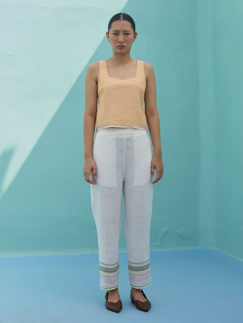Ines Border Linen Tapered Pants - Ivory linen pant/trouser by Manan in ivory for women in Singapore