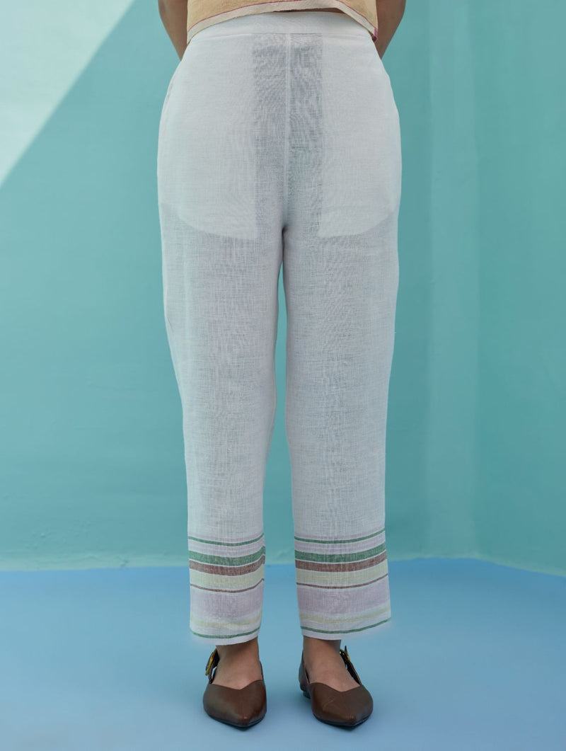 Ines Border Linen Tapered Pants - Ivory linen pant/trouser by Manan in ivory for women in Singapore