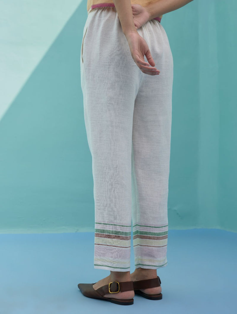 Ines Border Linen Tapered Pants - Ivory linen pant/trouser by Manan in ivory for women in Singapore