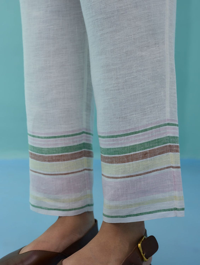 Ines Border Linen Tapered Pants - Ivory linen pant/trouser by Manan in ivory for women in Singapore