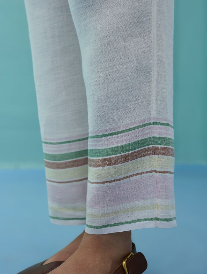 Ines Border Linen Tapered Pants - Ivory linen pant/trouser by Manan in ivory for women in Singapore