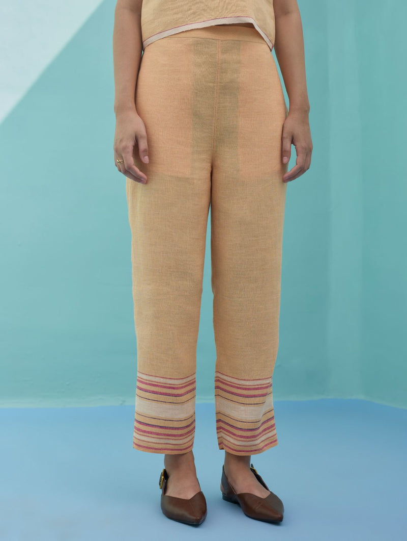 Ines Border Linen Tapered Pants - Apricot linen pant/trouser by Manan in apricot for women in Singapore
