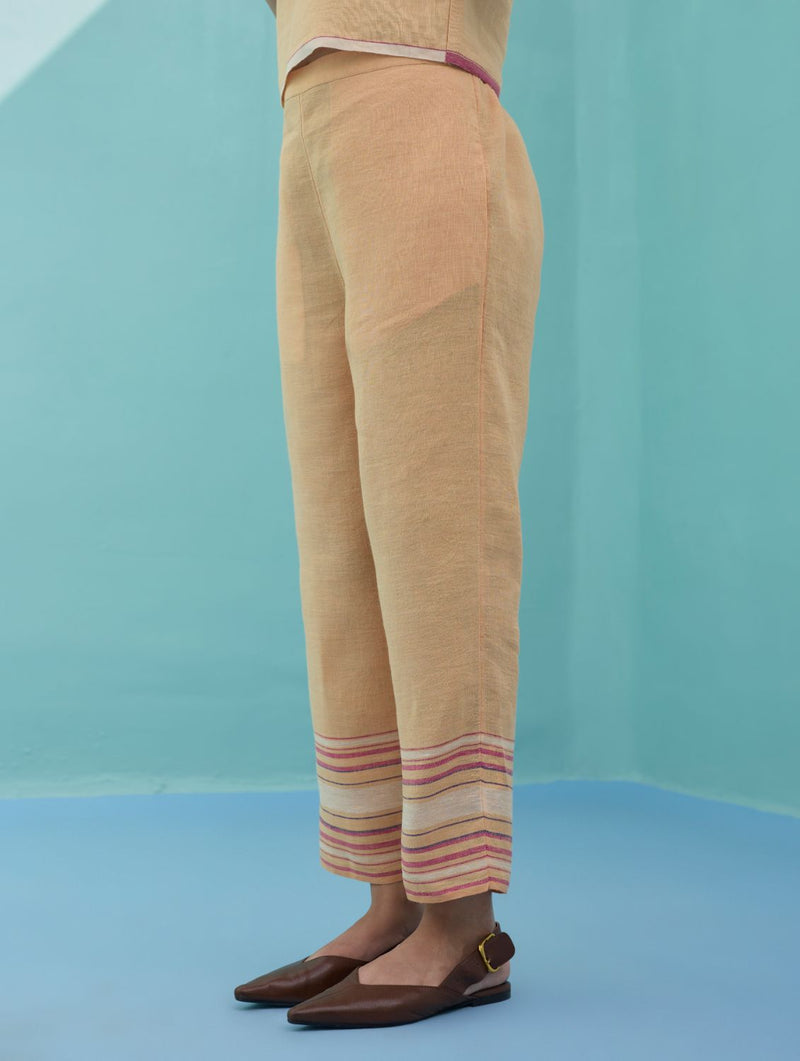 Ines Border Linen Tapered Pants - Apricot linen pant/trouser by Manan in apricot for women in Singapore