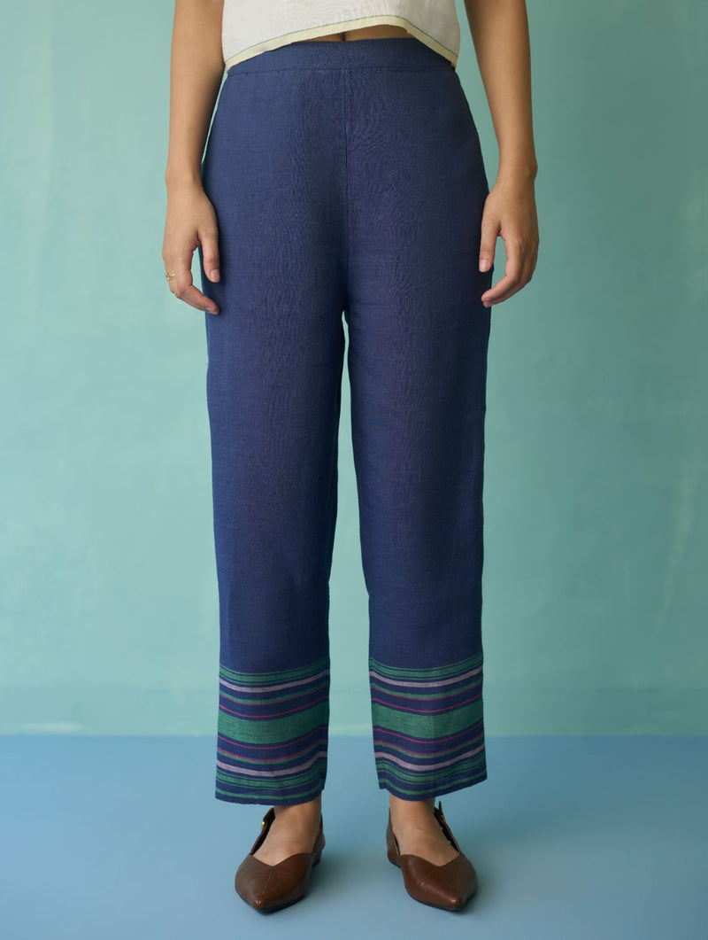 Ines Border Linen Tapered Pants - Indigo linen pant/trouser by Manan in navy for women in Singapore