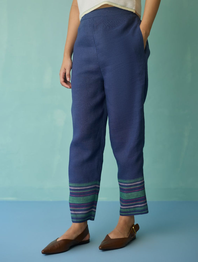 Ines Border Linen Tapered Pants - Indigo linen pant/trouser by Manan in navy for women in Singapore