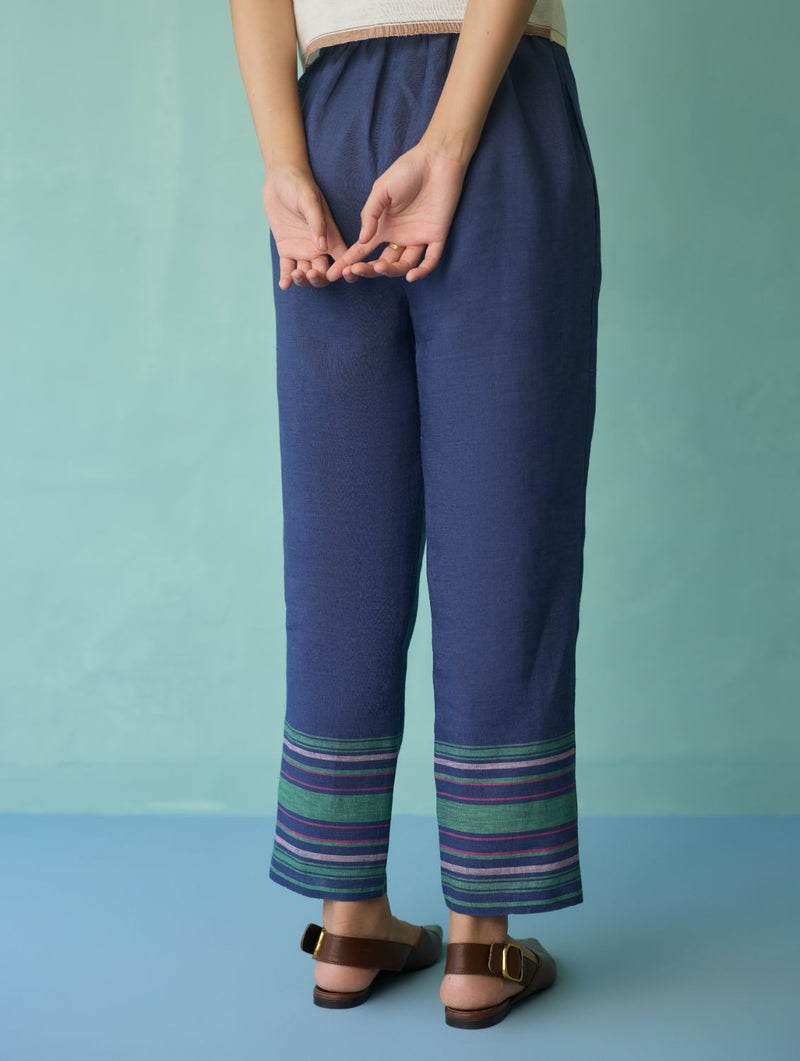 Ines Border Linen Tapered Pants - Indigo linen pant/trouser by Manan in navy for women in Singapore