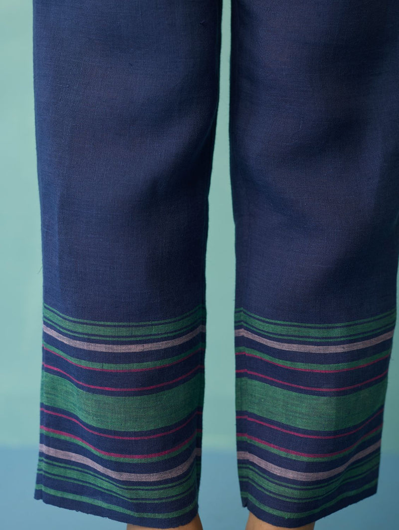 Ines Border Linen Tapered Pants - Indigo linen pant/trouser by Manan in navy for women in Singapore