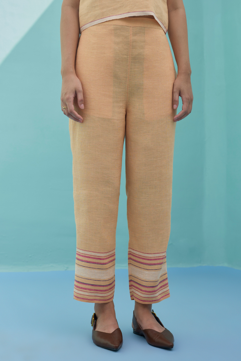 Ines Border Linen Tapered Pants - Apricot linen pant/trouser by Manan in apricot for women in Singapore