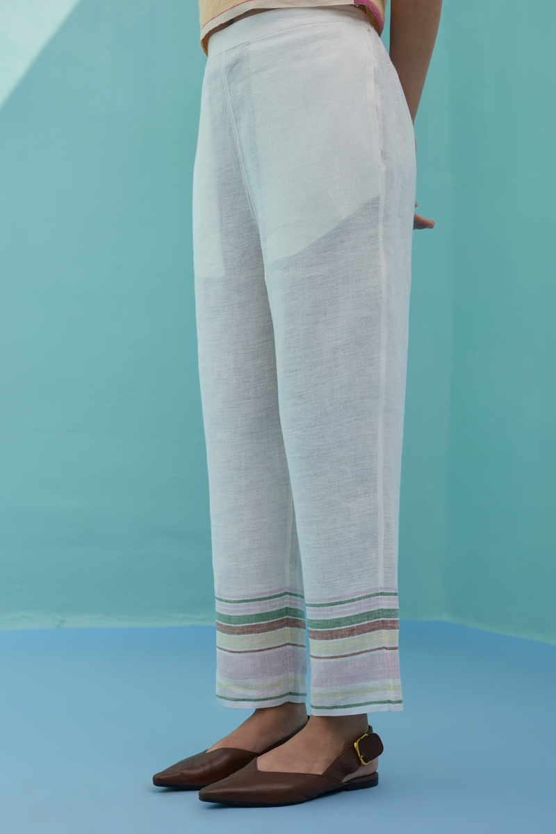 Ines Border Linen Tapered Pants - Ivory linen pant/trouser by Manan in ivory for women in Singapore