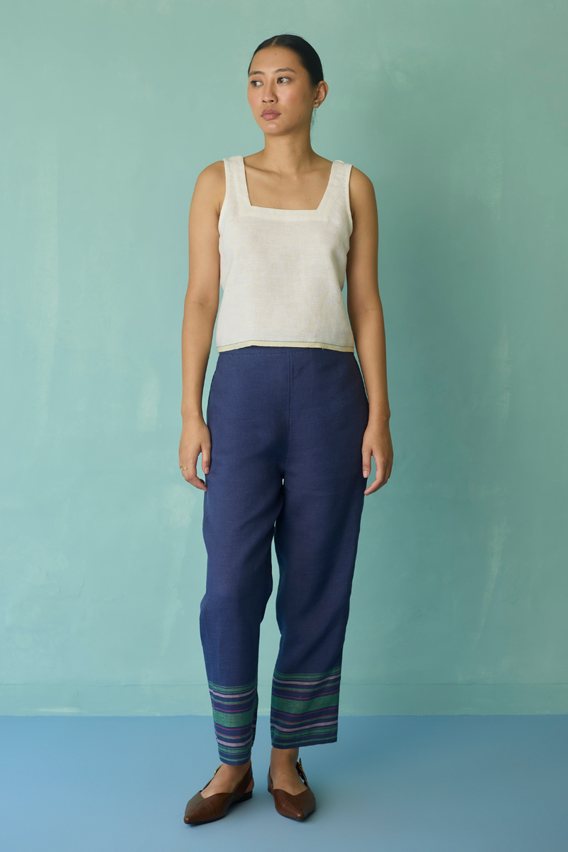Ines Border Linen Tapered Pants - Indigo linen pant/trouser by Manan in navy for women in Singapore