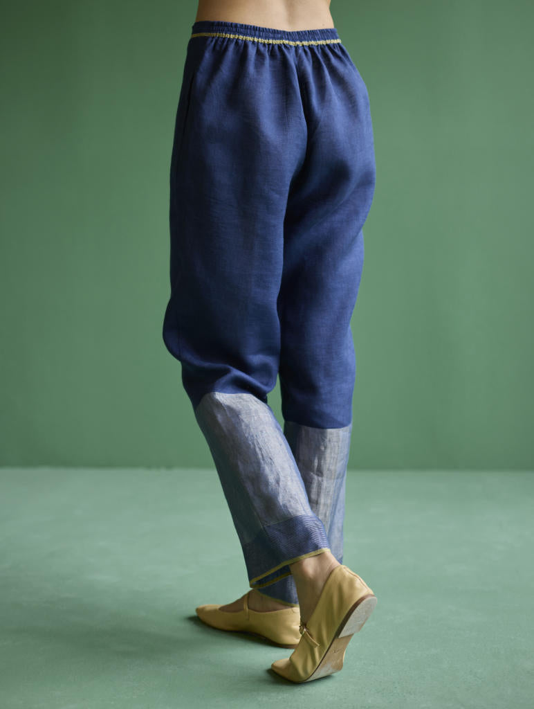 June Metallic Linen Pant - Navy linen by Manan in navy color for women in Singapore