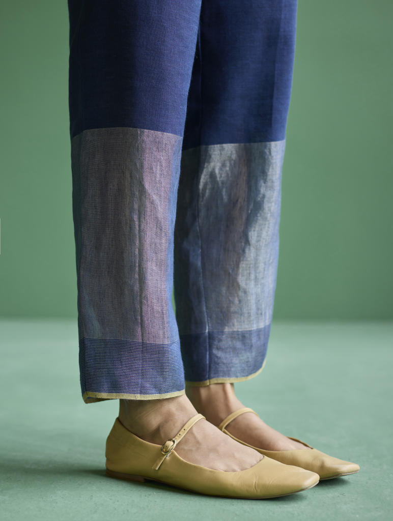 June Metallic Linen Pant - Navy linen by Manan in navy color for women in Singapore