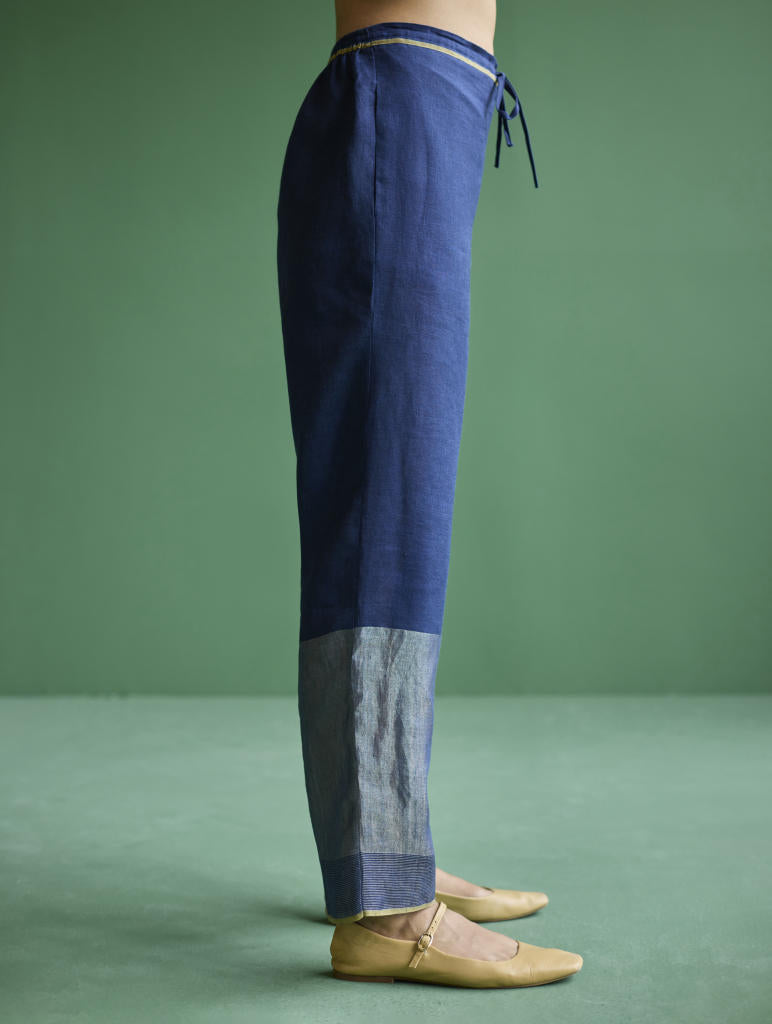 June Metallic Linen Pant - Navy linen by Manan in navy color for women in Singapore