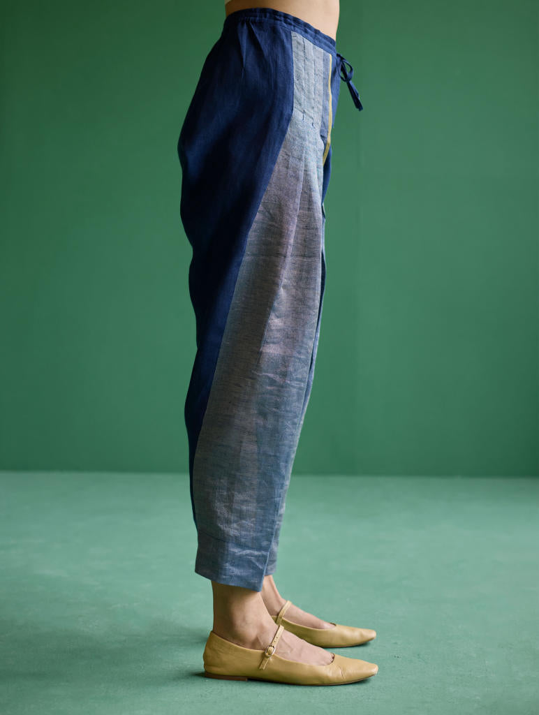Zang Metallic Linen Salwar Pant - Navy linen by Manan in navy color for women in Singapore