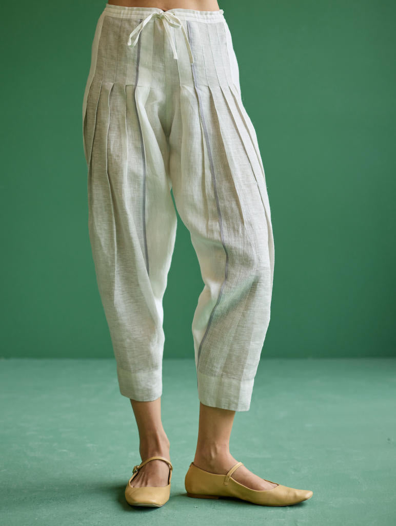 Zang Metallic Linen Salwar Pant - Ivory linen by Manan in ivory color for women in Singapore