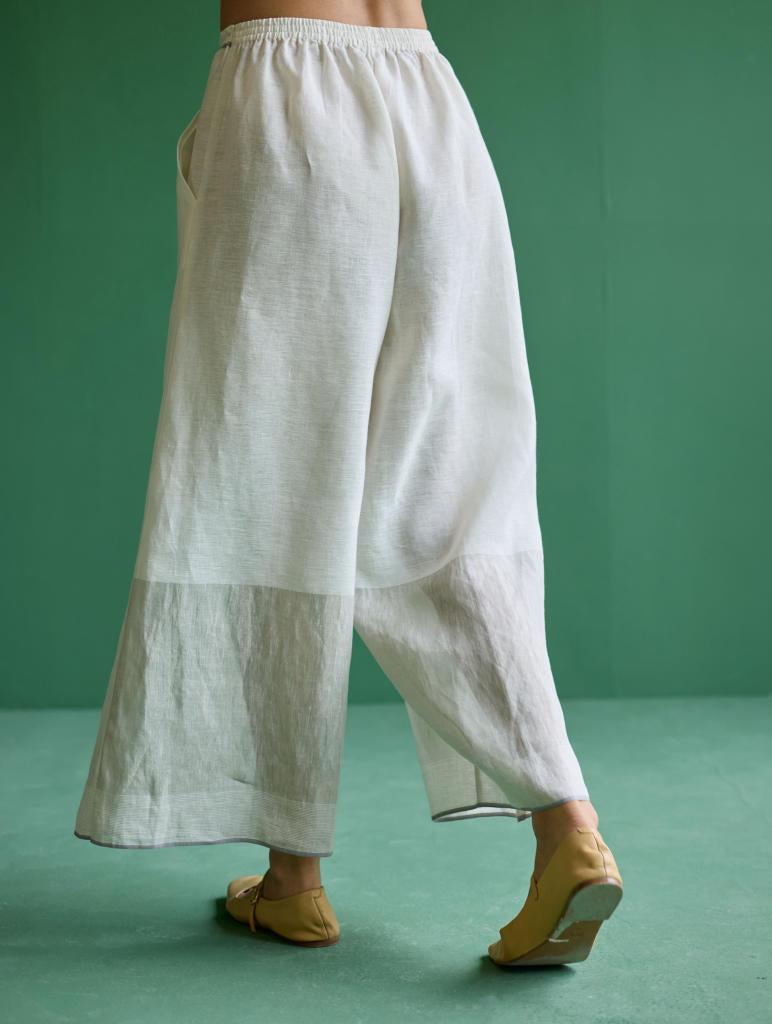 Yima Metallic Border Linen Pant - Ivory linen by Manan in ivory color for women in Singapore