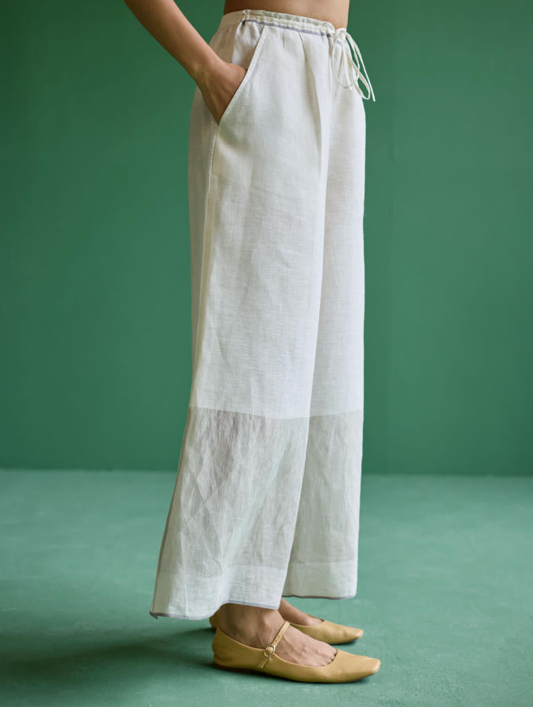 Yima Metallic Border Linen Pant - Ivory linen by Manan in ivory color for women in Singapore