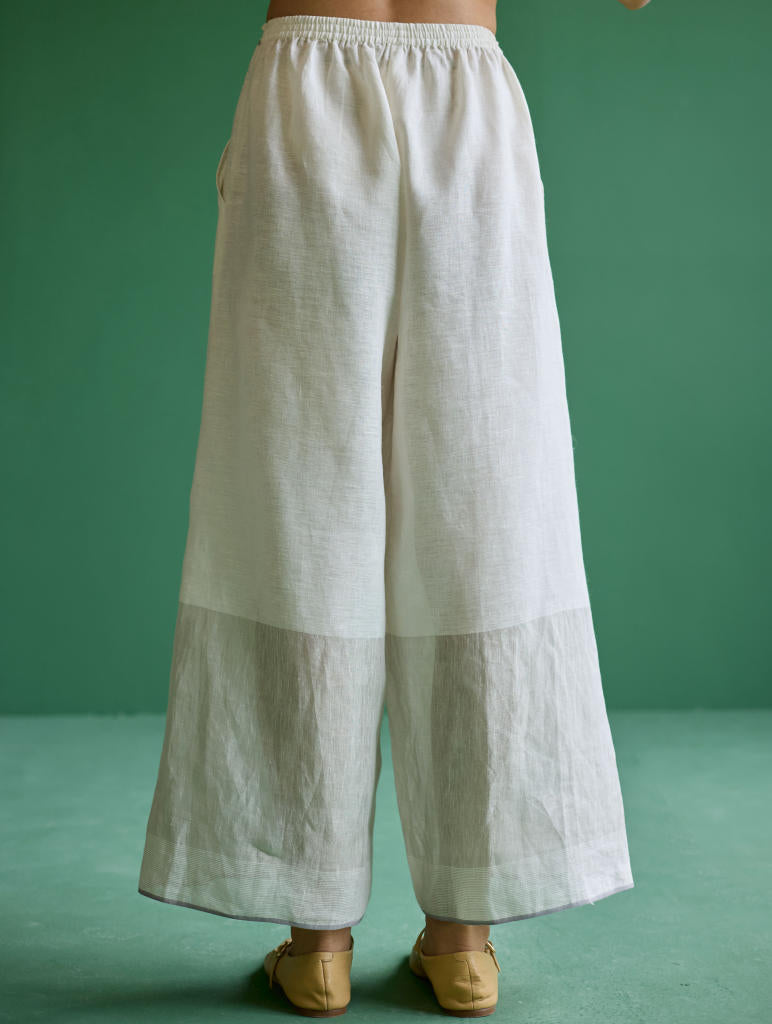 Yima Metallic Border Linen Pant - Ivory linen by Manan in ivory color for women in Singapore