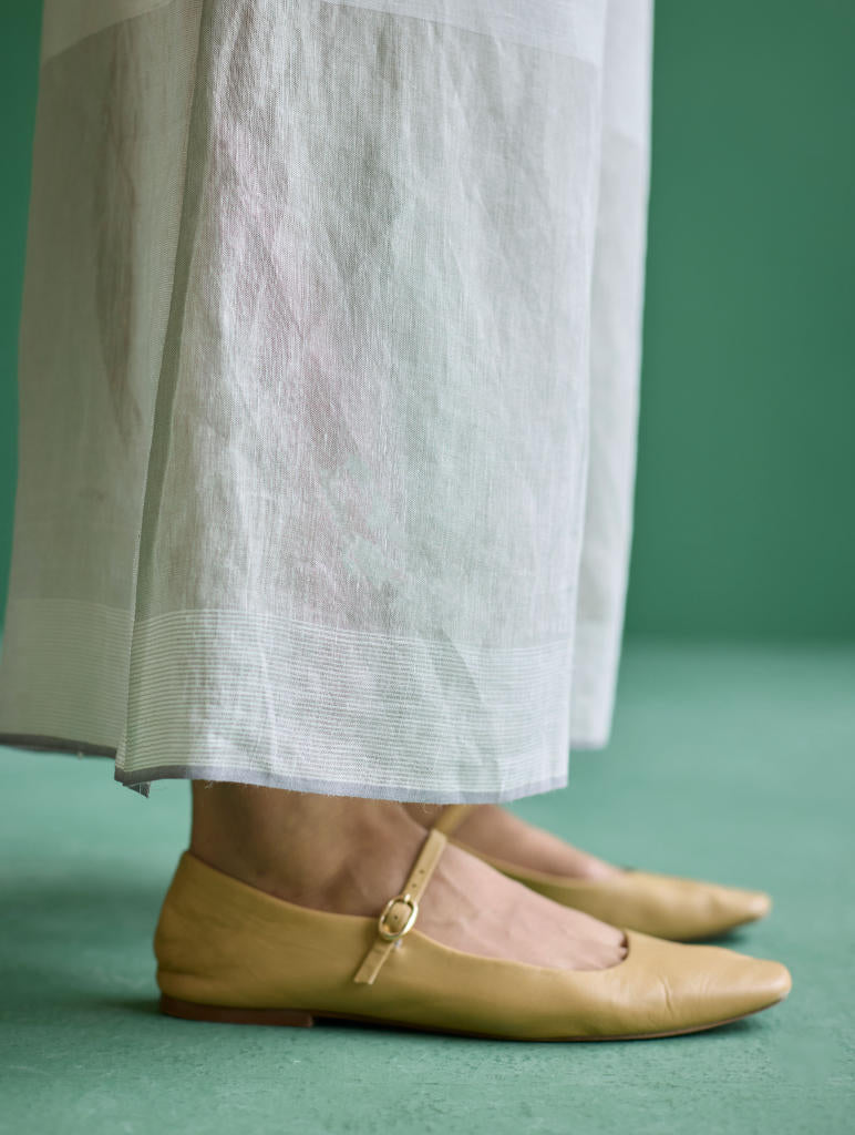 Yima Metallic Border Linen Pant - Ivory linen by Manan in ivory color for women in Singapore