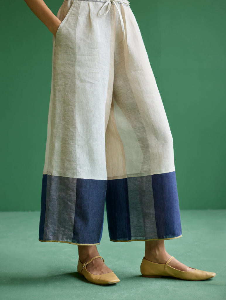 Kio Color-Blocked Linen Pant- Ivory linen by Manan in ivory color for women in Singapore