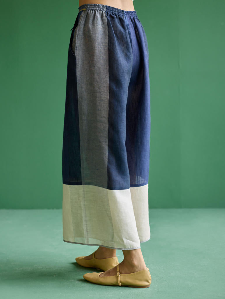 Kio Color-Blocked Linen Pant - Navy linen by Manan in navy color for women in Singapore