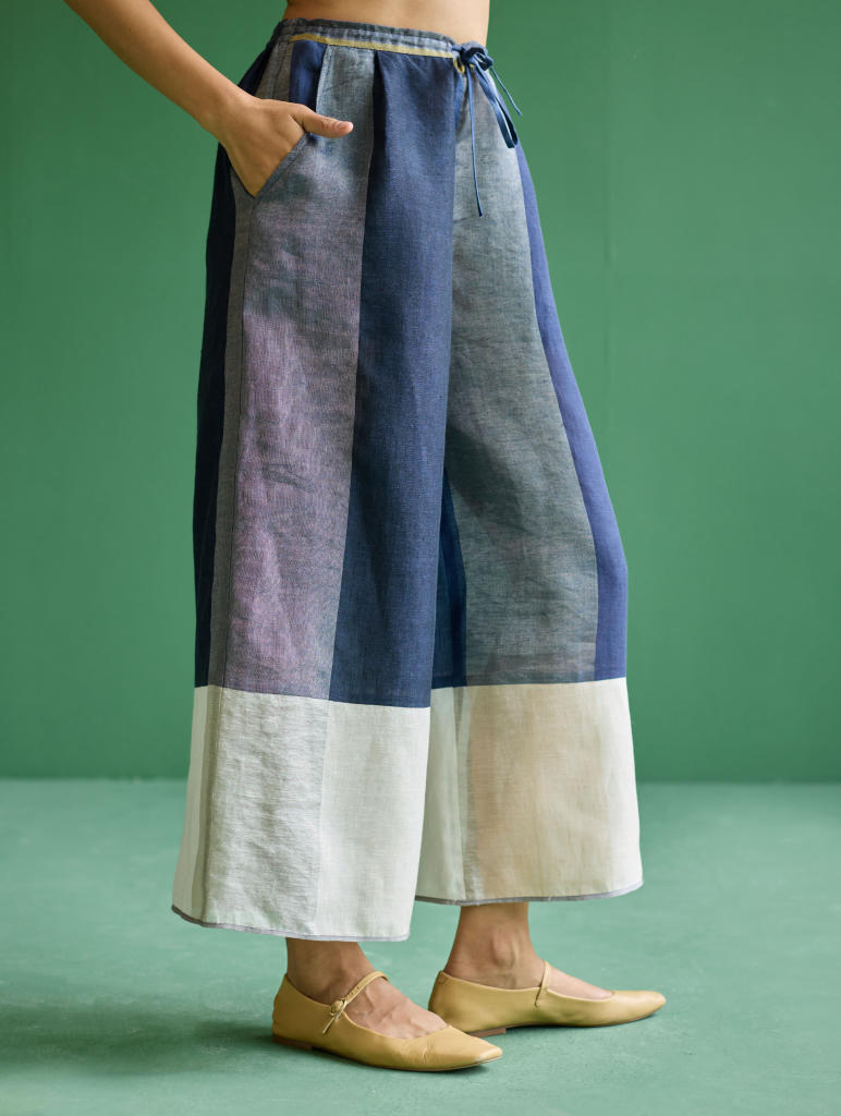 Kio Color-Blocked Linen Pant - Navy linen by Manan in navy color for women in Singapore