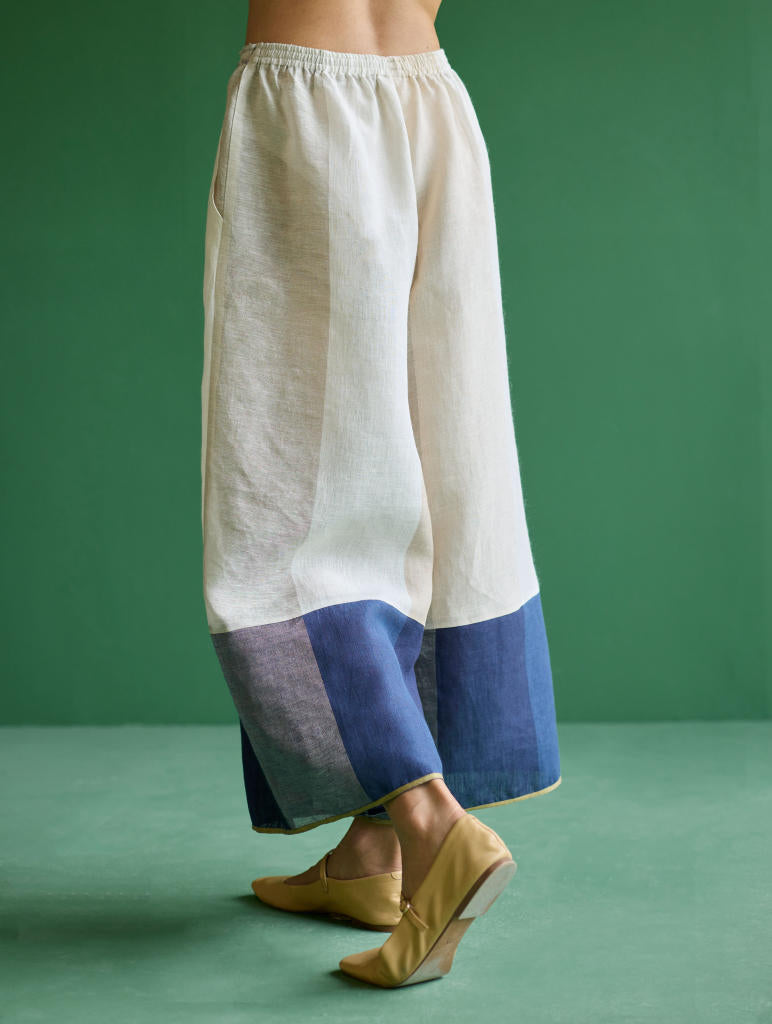 Kio Color-Blocked Linen Pant- Ivory linen by Manan in ivory color for women in Singapore