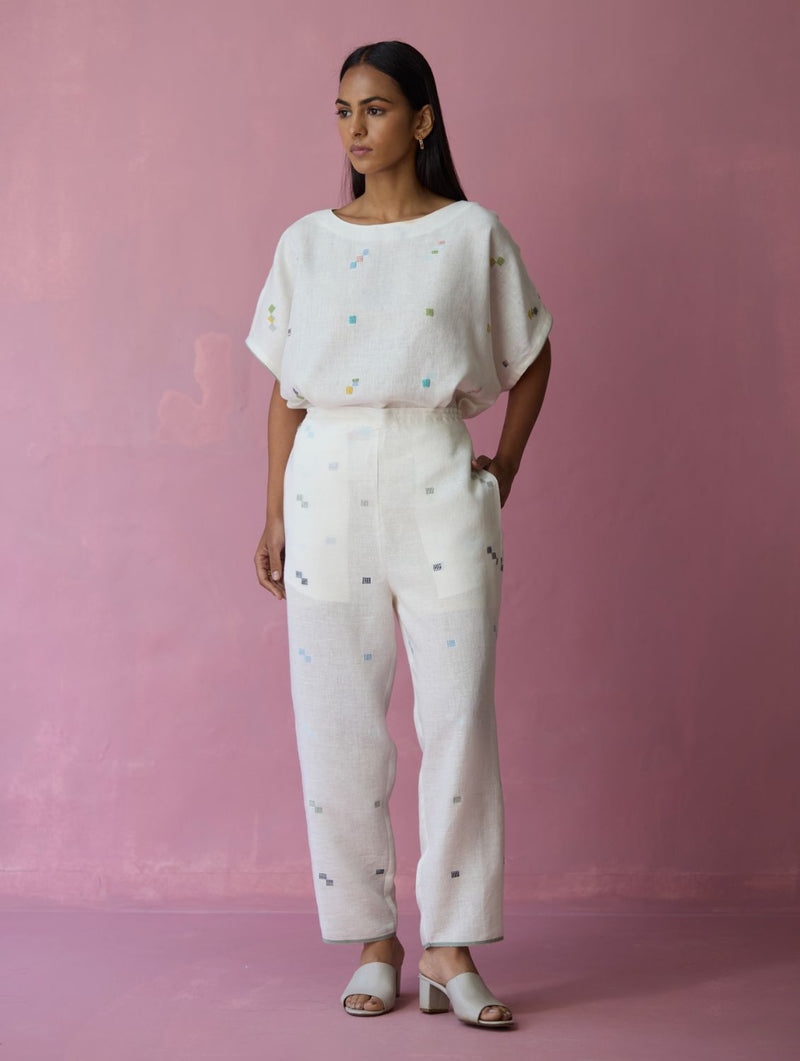 Cera Tapered Jamdani Linen Pants - Ivory