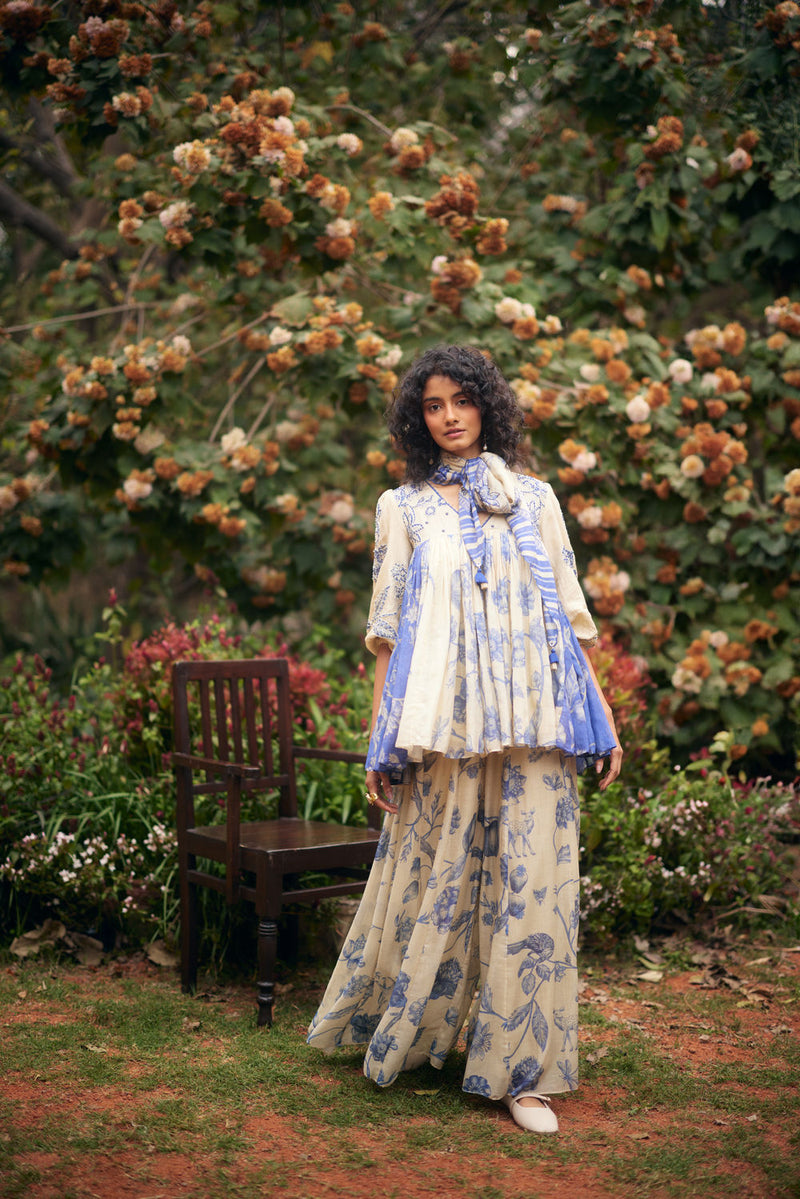 Azure Peplum Set chanderi by Paulmi & Harsh in blue, ivory for women in Singapore