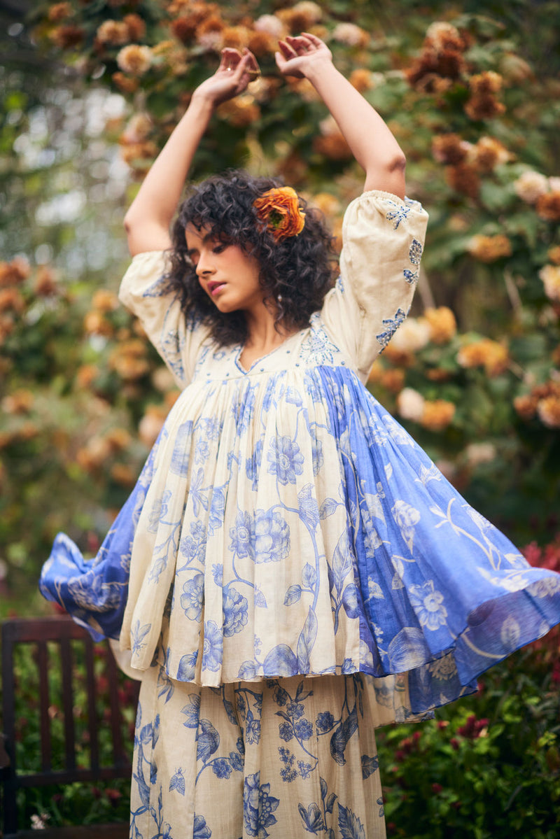 Azure Peplum Set chanderi by Paulmi & Harsh in blue, ivory for women in Singapore