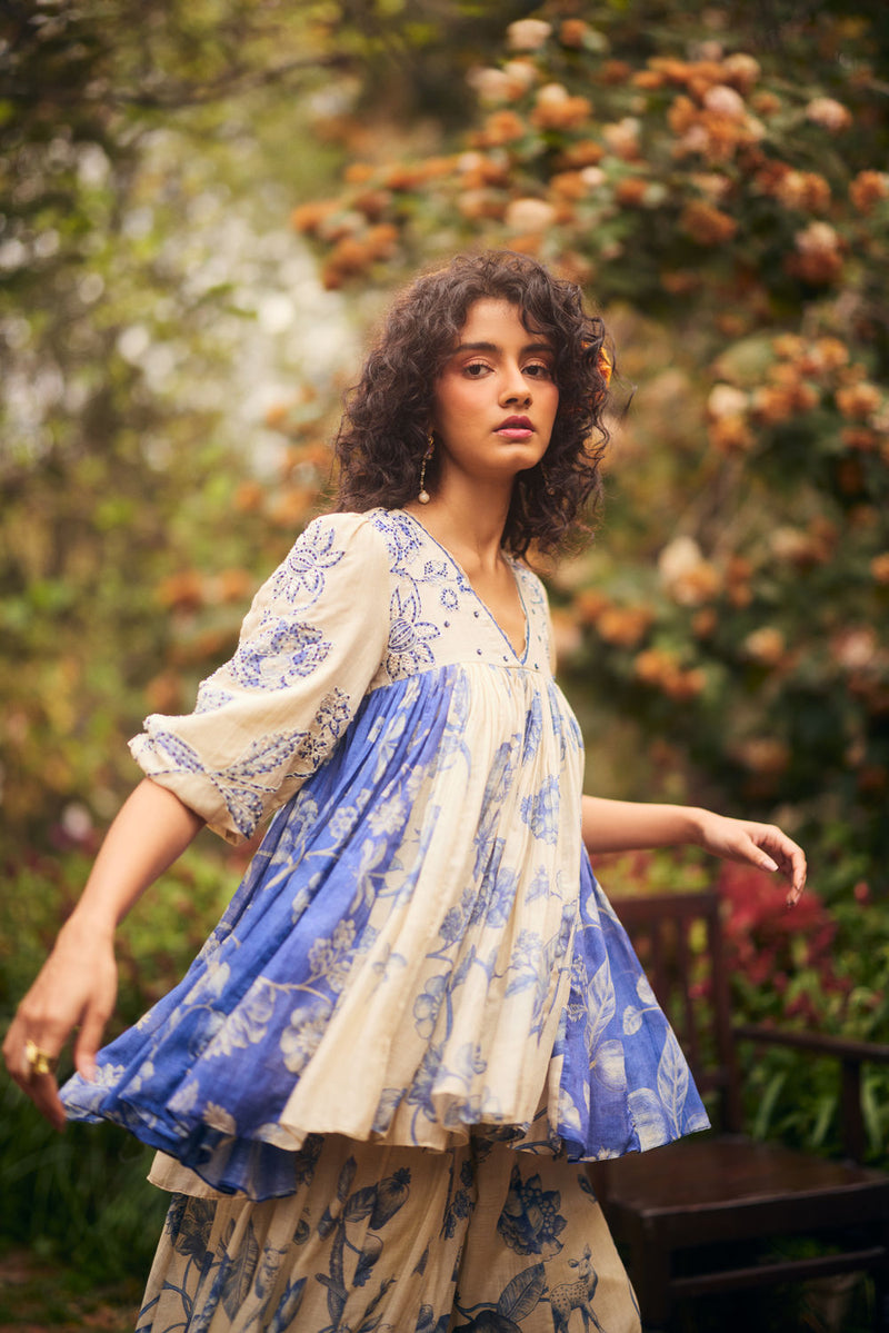 Azure Peplum Set chanderi by Paulmi & Harsh in blue, ivory for women in Singapore