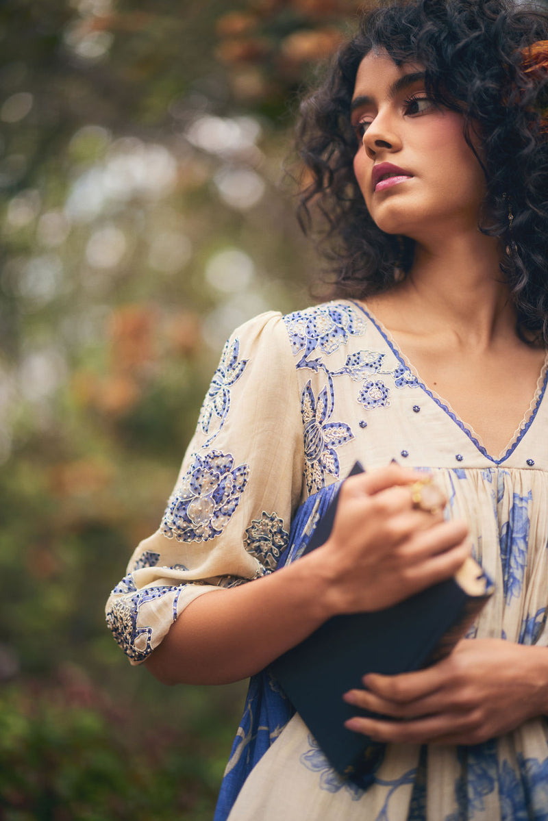 Azure Peplum Set chanderi by Paulmi & Harsh in blue, ivory for women in Singapore