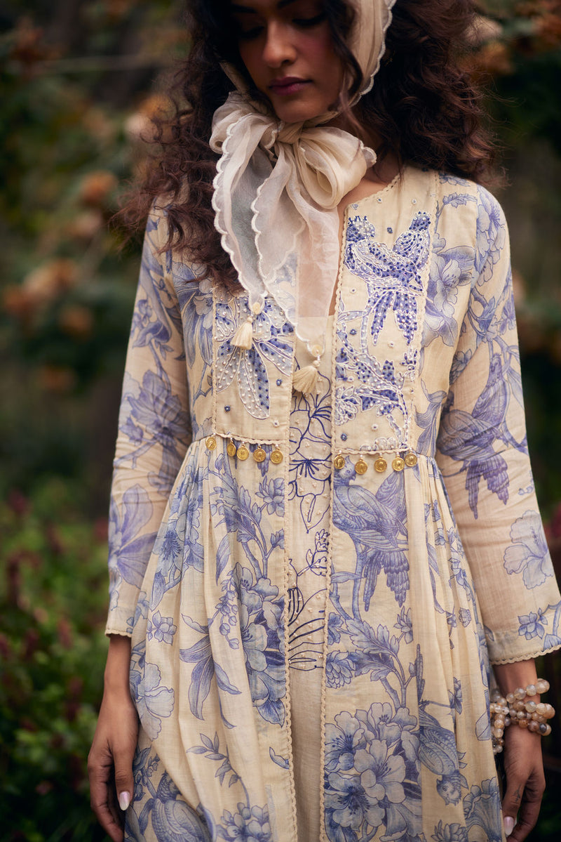 Mila Jacket Set chanderi by Paulmi & Harsh in blue, ivory for women in Singapore